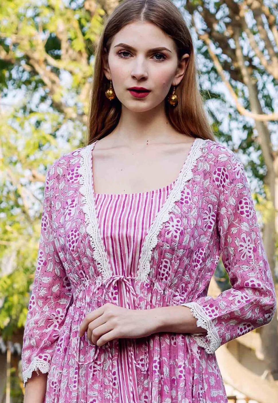 Printed Pure Cotton Inner Midi Dress with Jacket in Pink and White