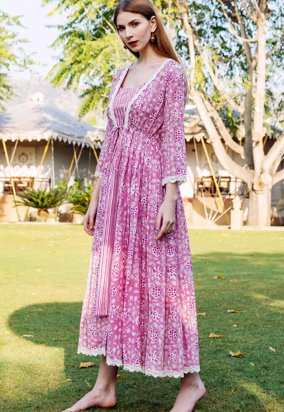 Printed Pure Cotton Inner Midi Dress with Jacket in Pink and White