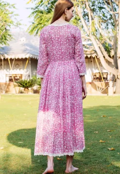 Printed Pure Cotton Inner Midi Dress with Jacket in Pink and White