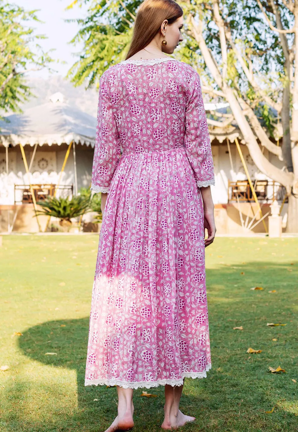 Printed Pure Cotton Inner Midi Dress with Jacket in Pink and White