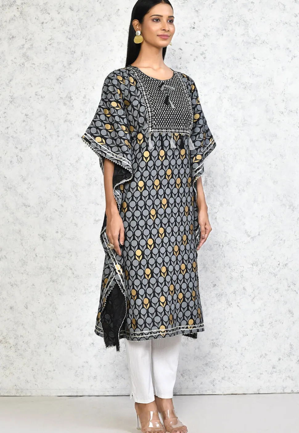 Printed Pure Cotton Kaftan in Black