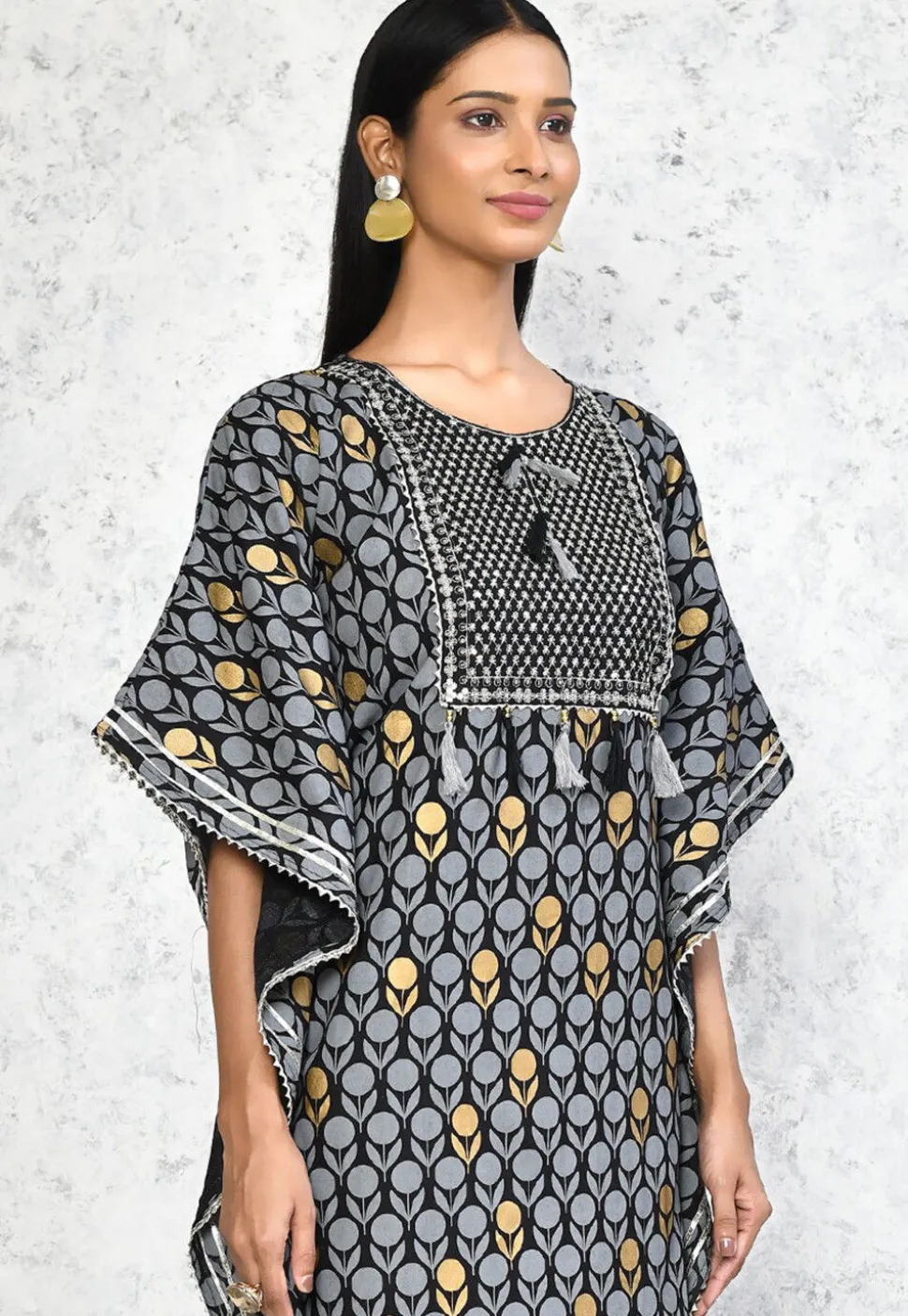 Printed Pure Cotton Kaftan in Black