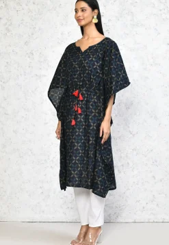 Printed Pure Cotton Kaftan in Dark Blue