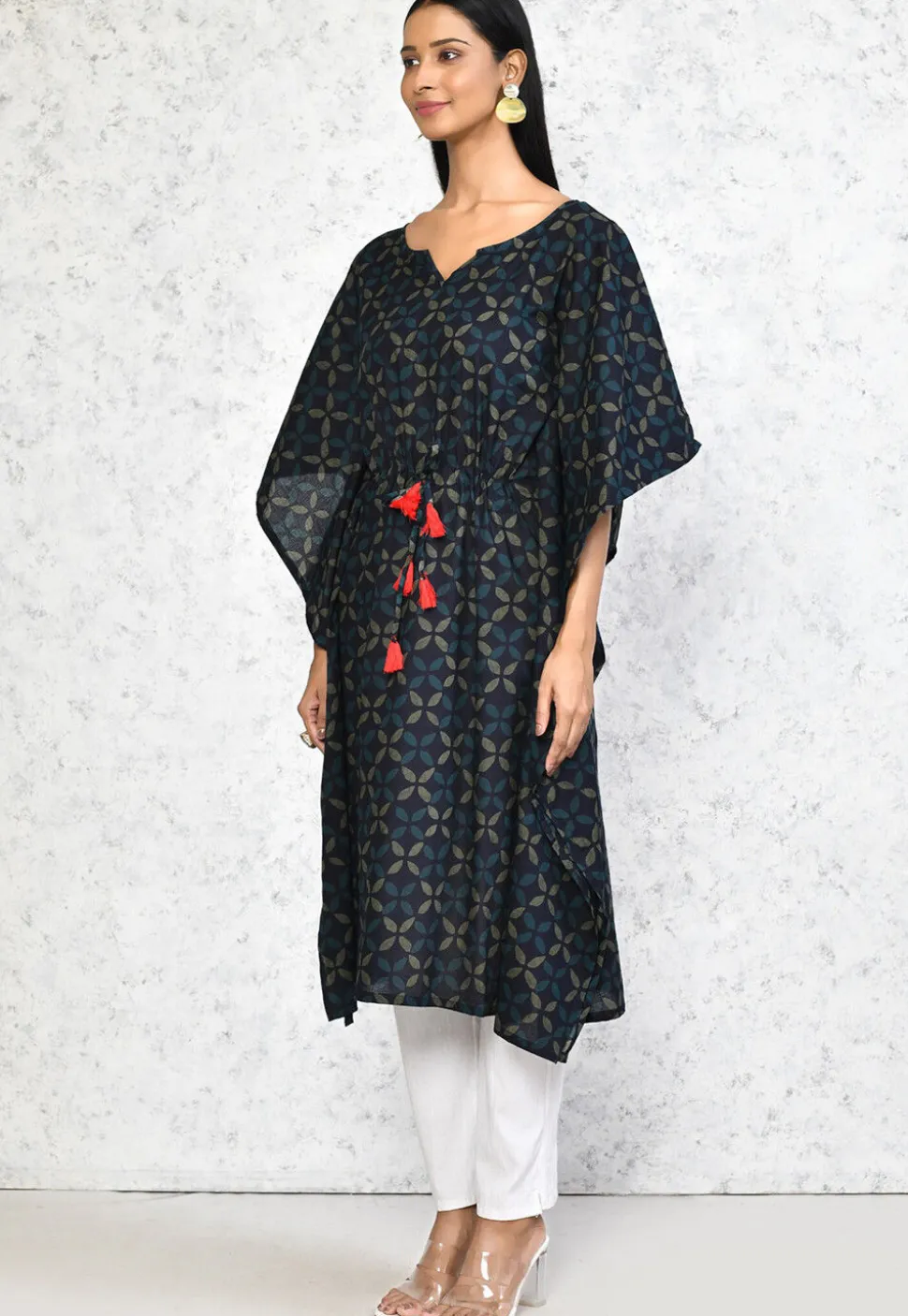Printed Pure Cotton Kaftan in Dark Blue