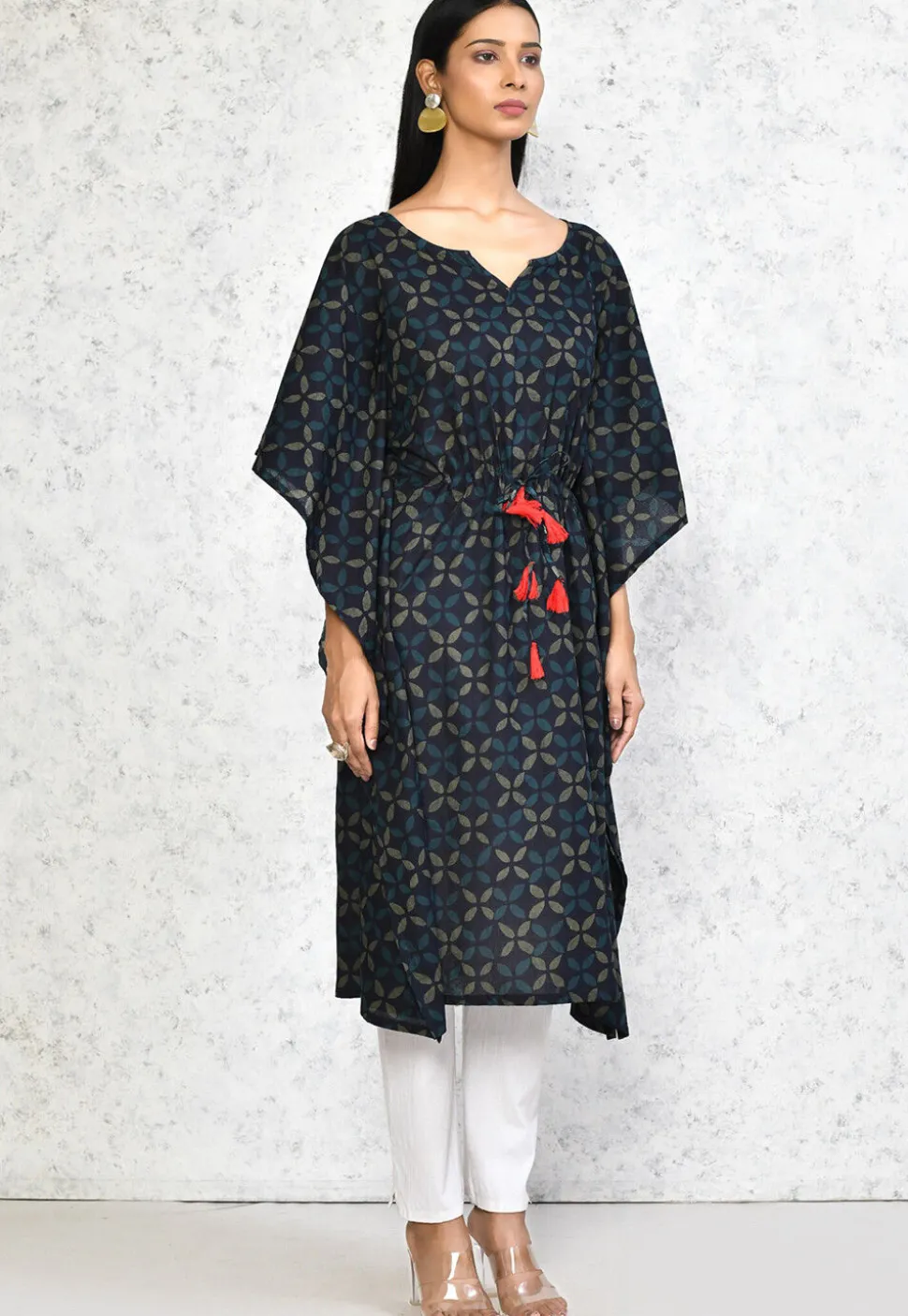 Printed Pure Cotton Kaftan in Dark Blue