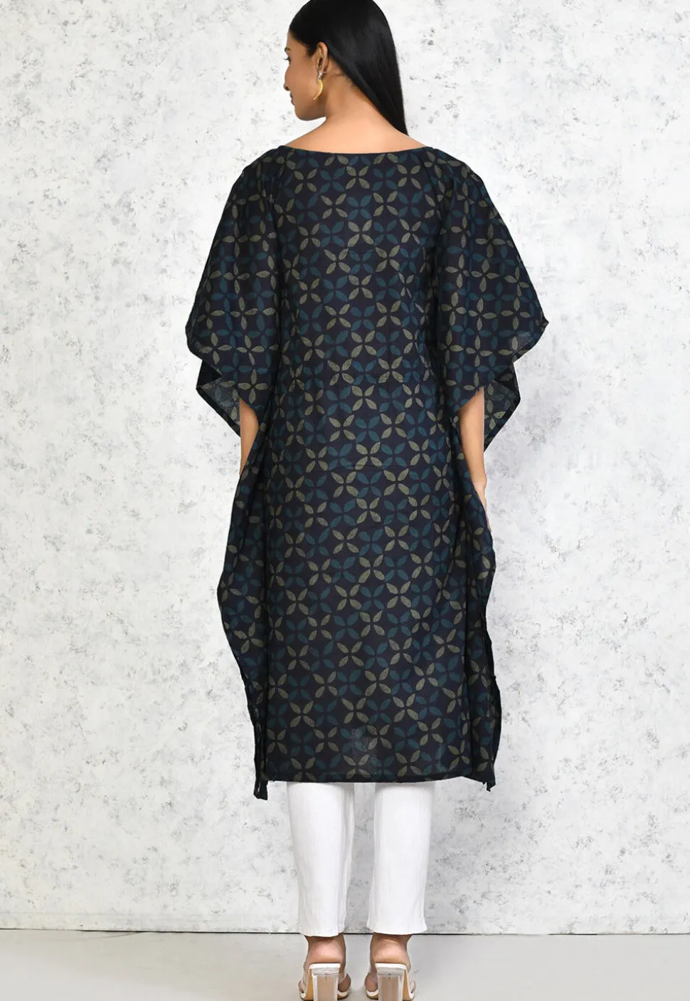 Printed Pure Cotton Kaftan in Dark Blue