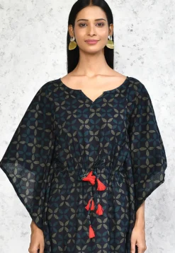 Printed Pure Cotton Kaftan in Dark Blue