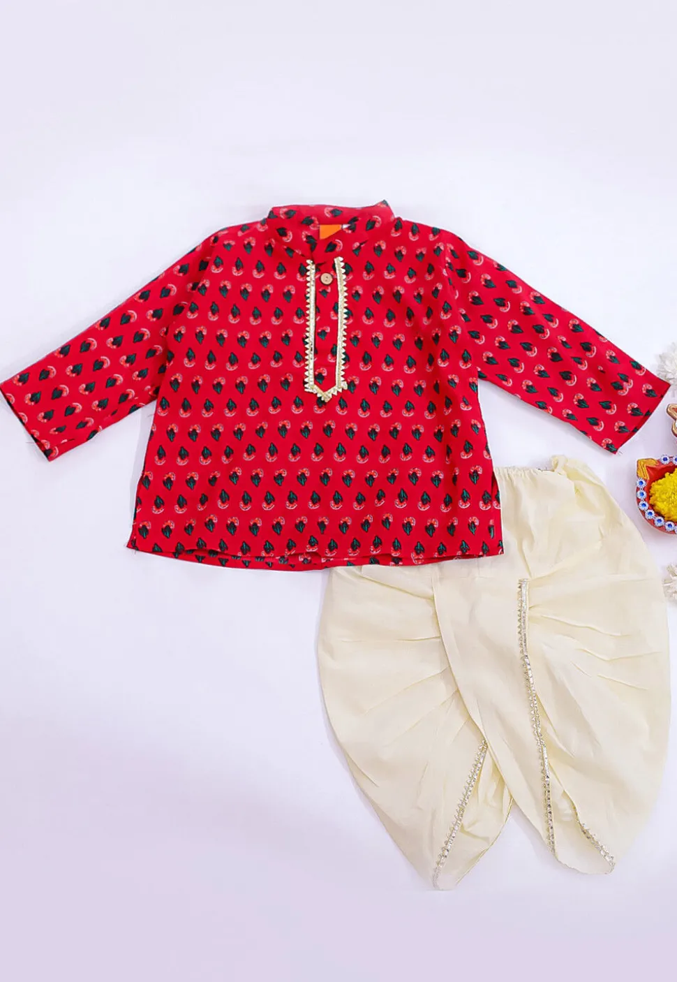 Printed Pure Cotton Kurta Set in Red