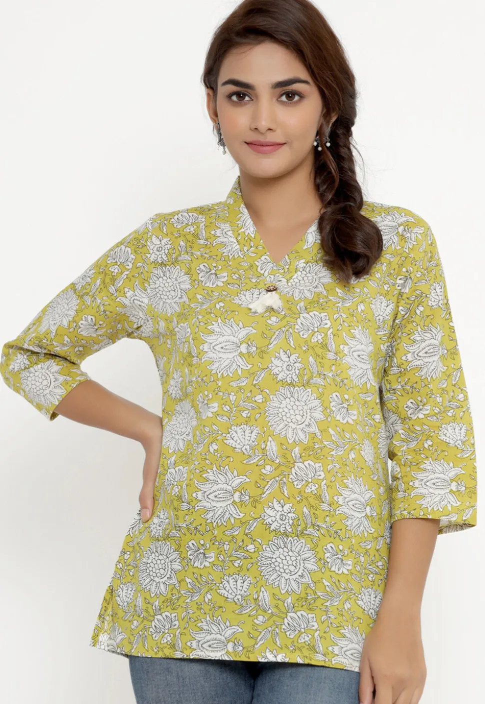 Printed Pure Cotton Kurti in Yellow