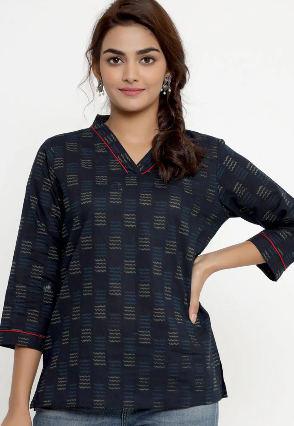 Printed Pure Cotton Kurti in Navy Blue