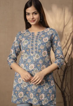 Printed Pure Cotton Kurti in Blue