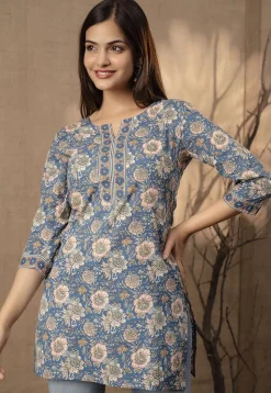 Printed Pure Cotton Kurti in Blue