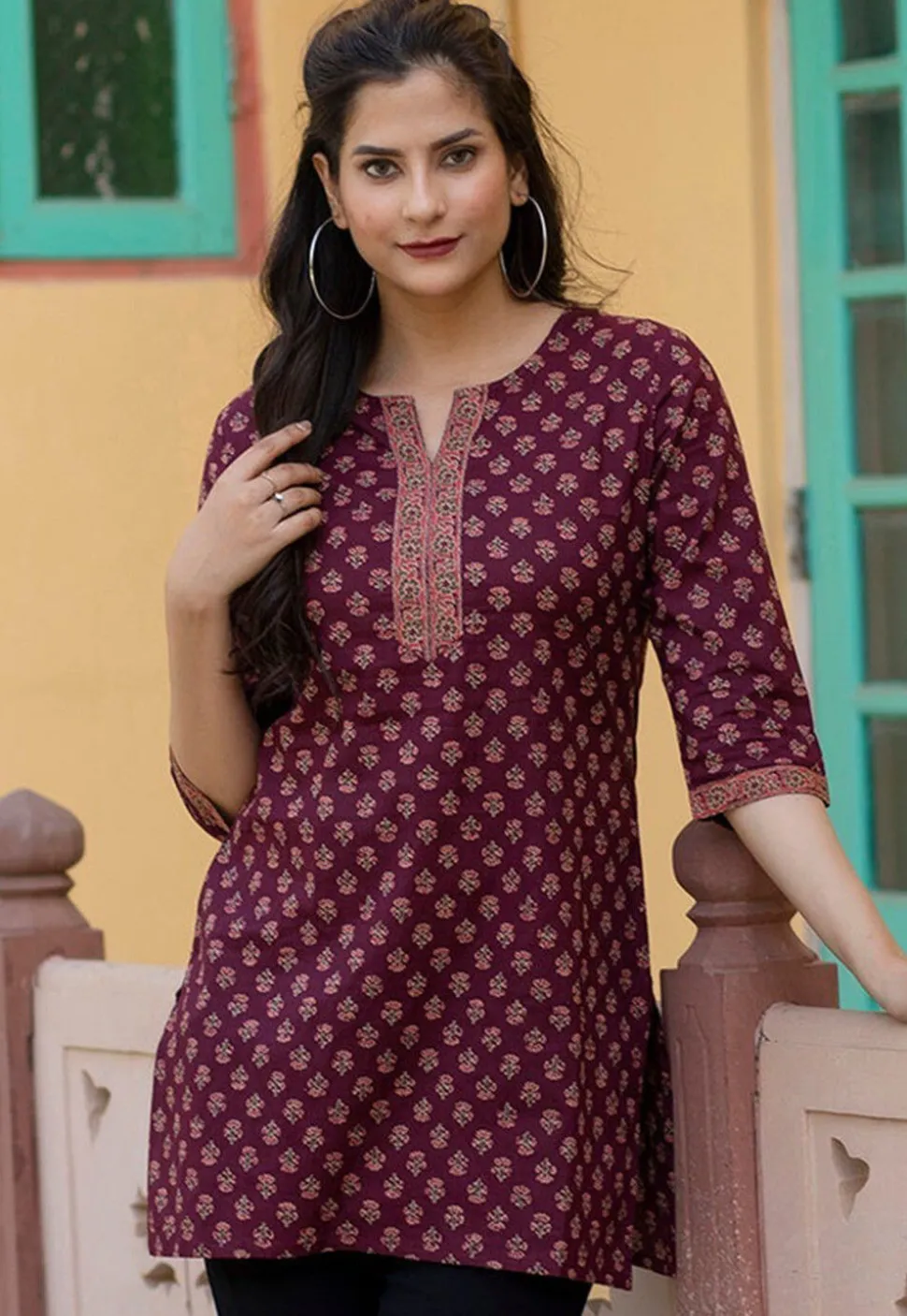 Printed Pure Cotton Kurti in Wine