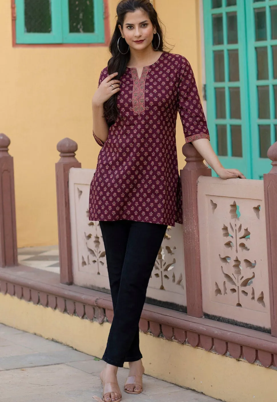 Printed Pure Cotton Kurti in Wine