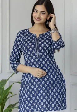 Printed Pure Cotton Kurti in Navy Blue