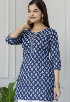 Printed Pure Cotton Kurti in Navy Blue