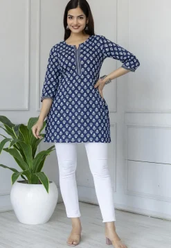 Printed Pure Cotton Kurti in Navy Blue