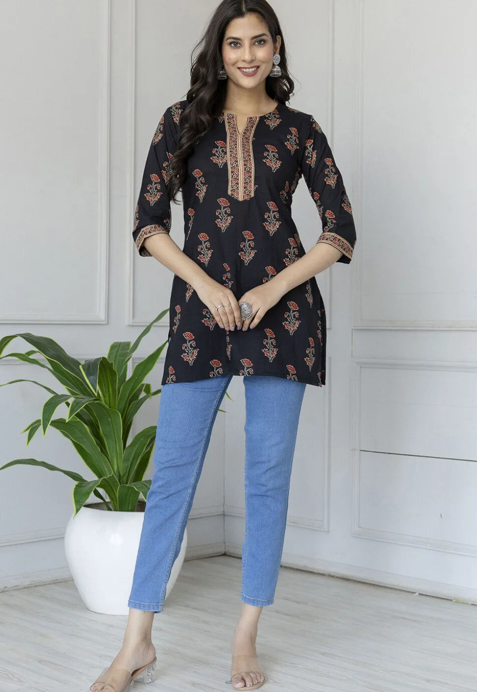 Printed Pure Cotton Kurti in Black