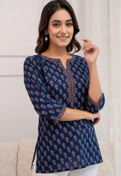Printed Pure Cotton Kurti in Navy Blue