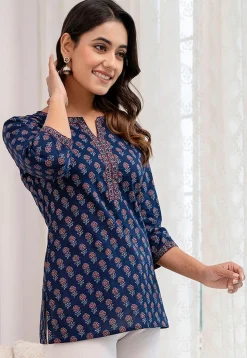 Printed Pure Cotton Kurti in Navy Blue