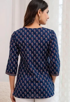 Printed Pure Cotton Kurti in Navy Blue
