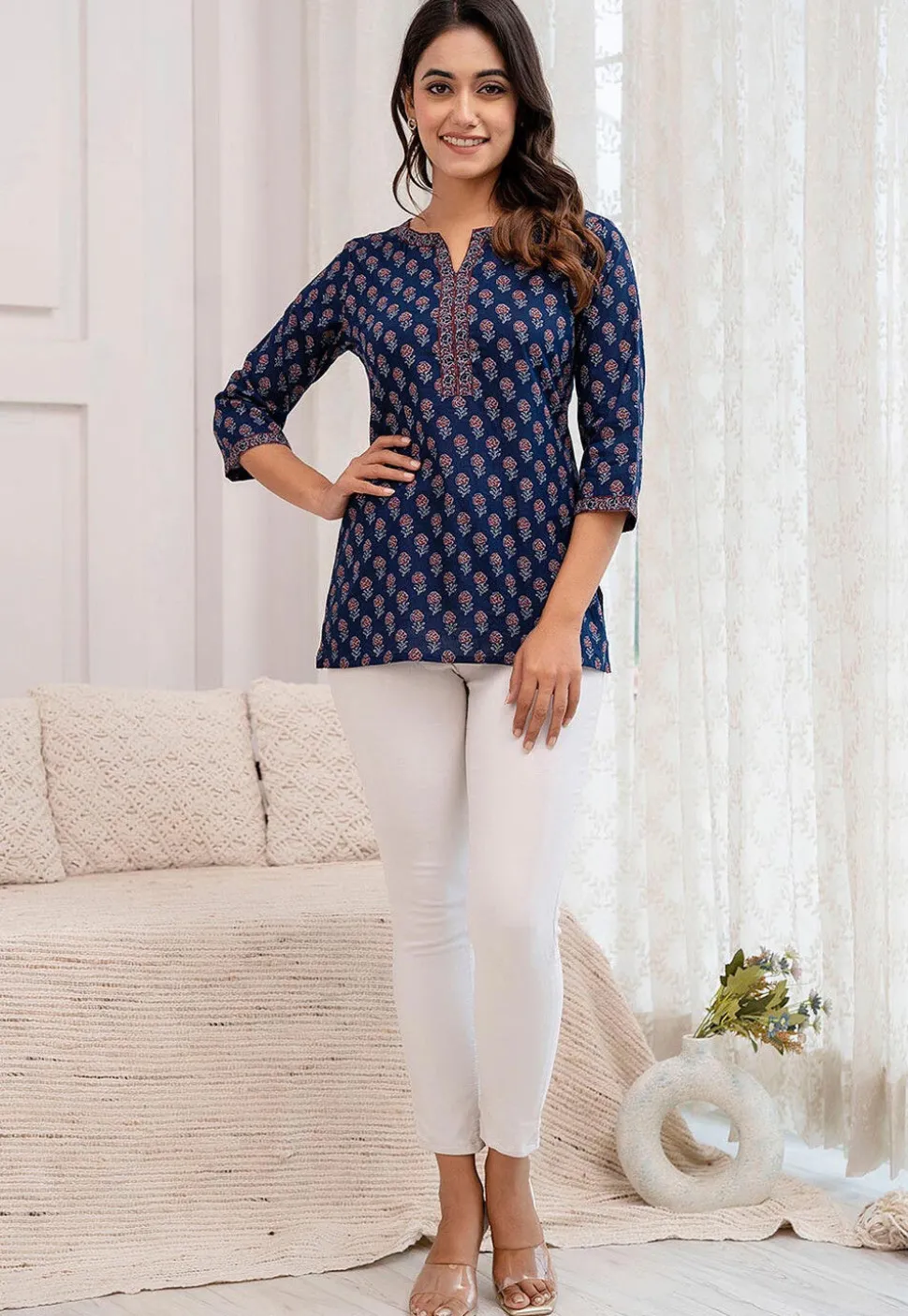 Printed Pure Cotton Kurti in Navy Blue