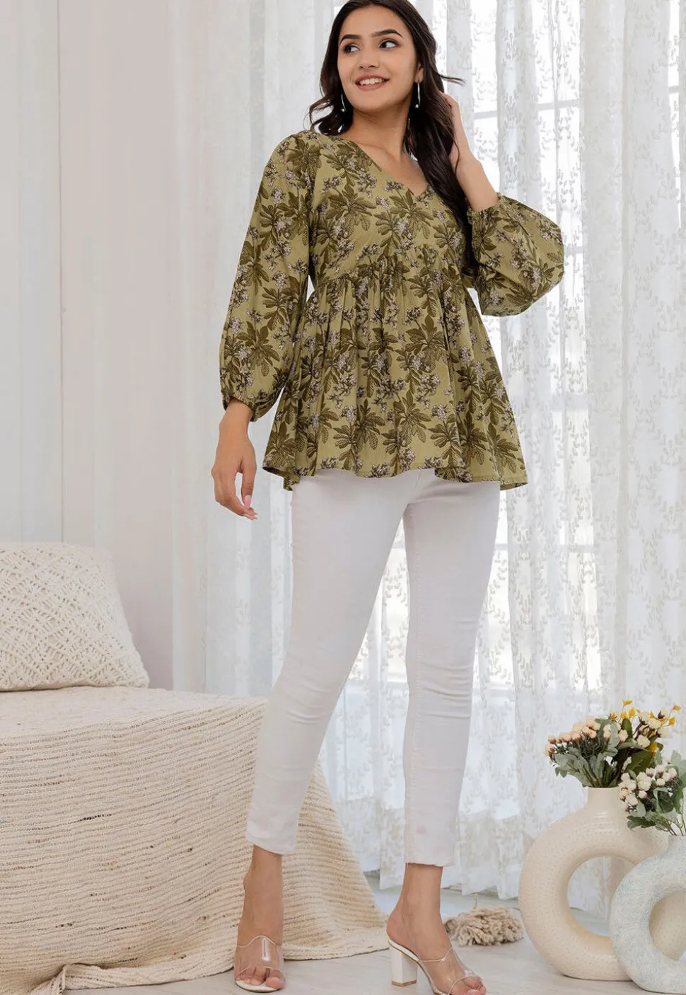Printed Pure Cotton Kurti in Olive Green