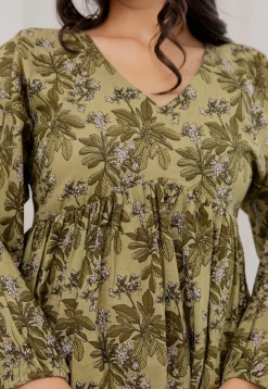 Printed Pure Cotton Kurti in Olive Green