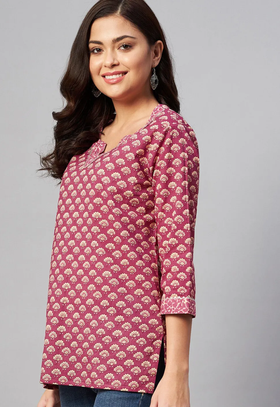 Printed Pure Cotton Kurti in Coral Pink
