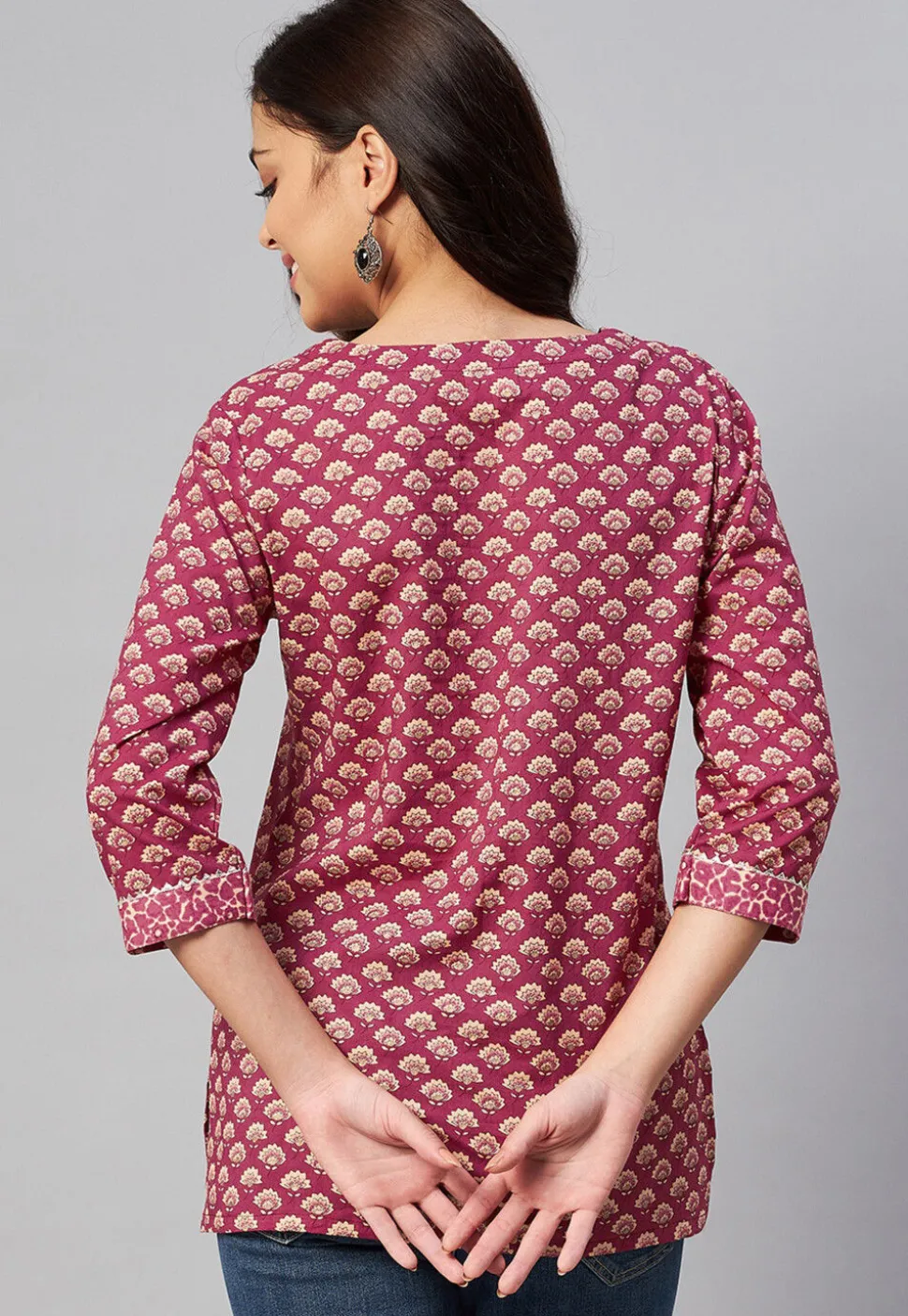 Printed Pure Cotton Kurti in Coral Pink