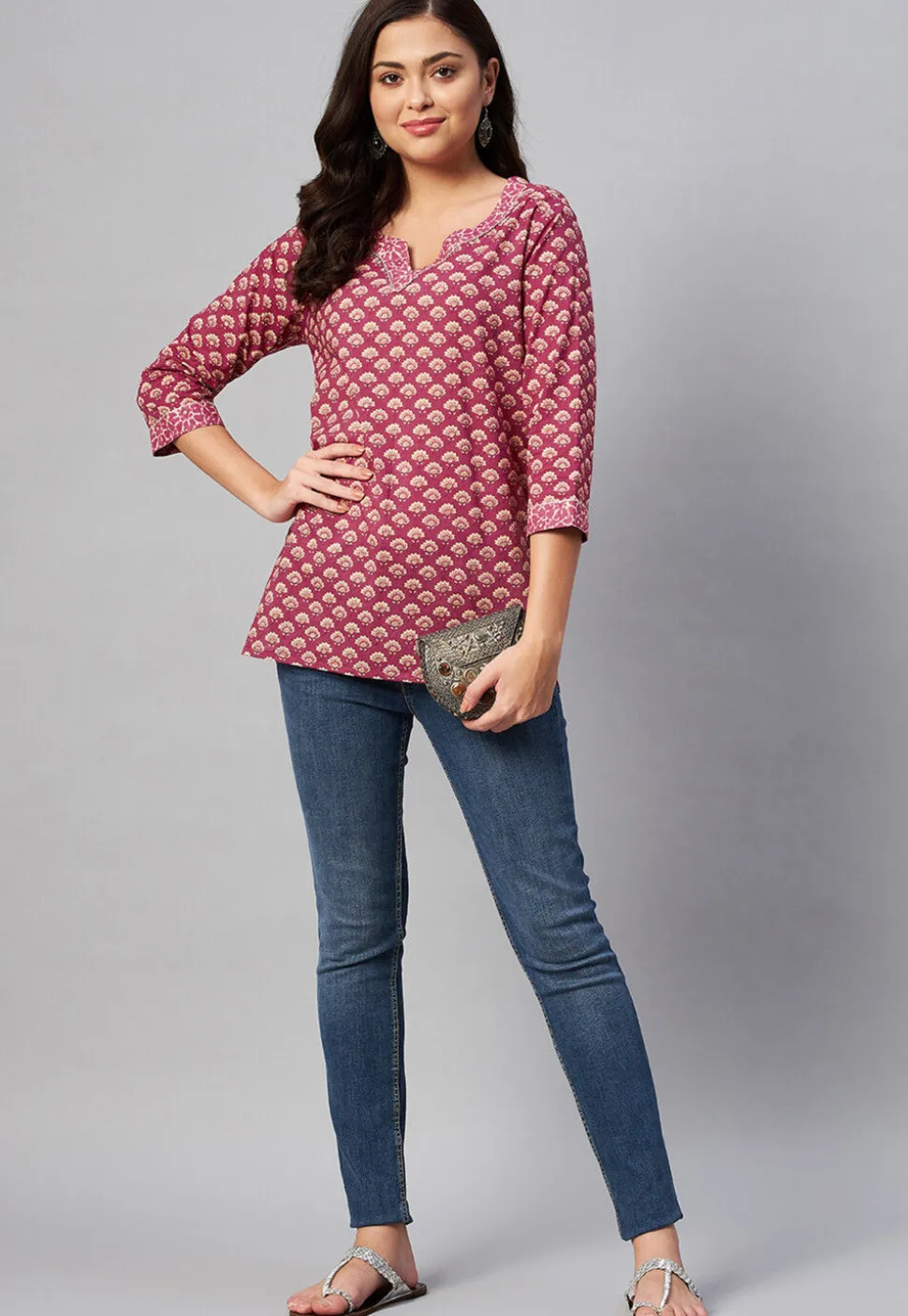 Printed Pure Cotton Kurti in Coral Pink