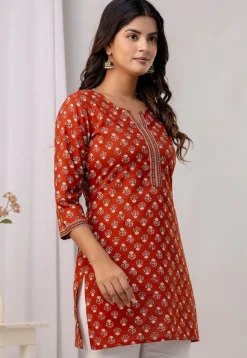 Printed Pure Cotton Kurti in Rust