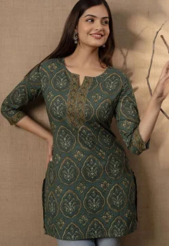 Printed Pure Cotton Kurti in Dusty Green