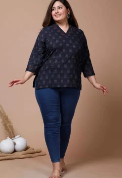 Printed Pure Cotton Kurti in Navy Blue