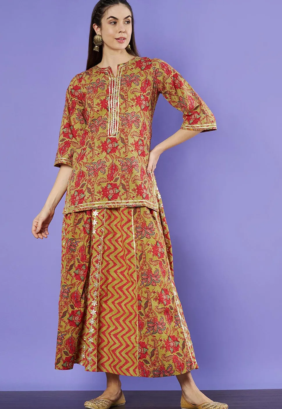 Printed Pure Cotton Lehenga in Mustard