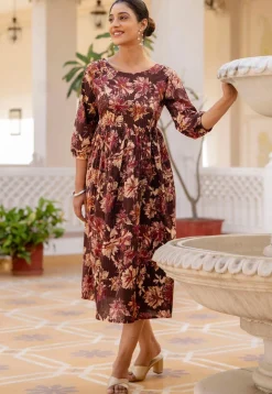Printed Pure Cotton Lurex Aline Dress in Wine