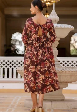 Printed Pure Cotton Lurex Aline Dress in Wine