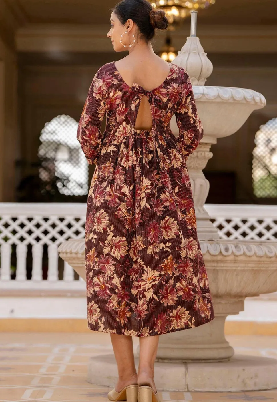 Printed Pure Cotton Lurex Aline Dress in Wine