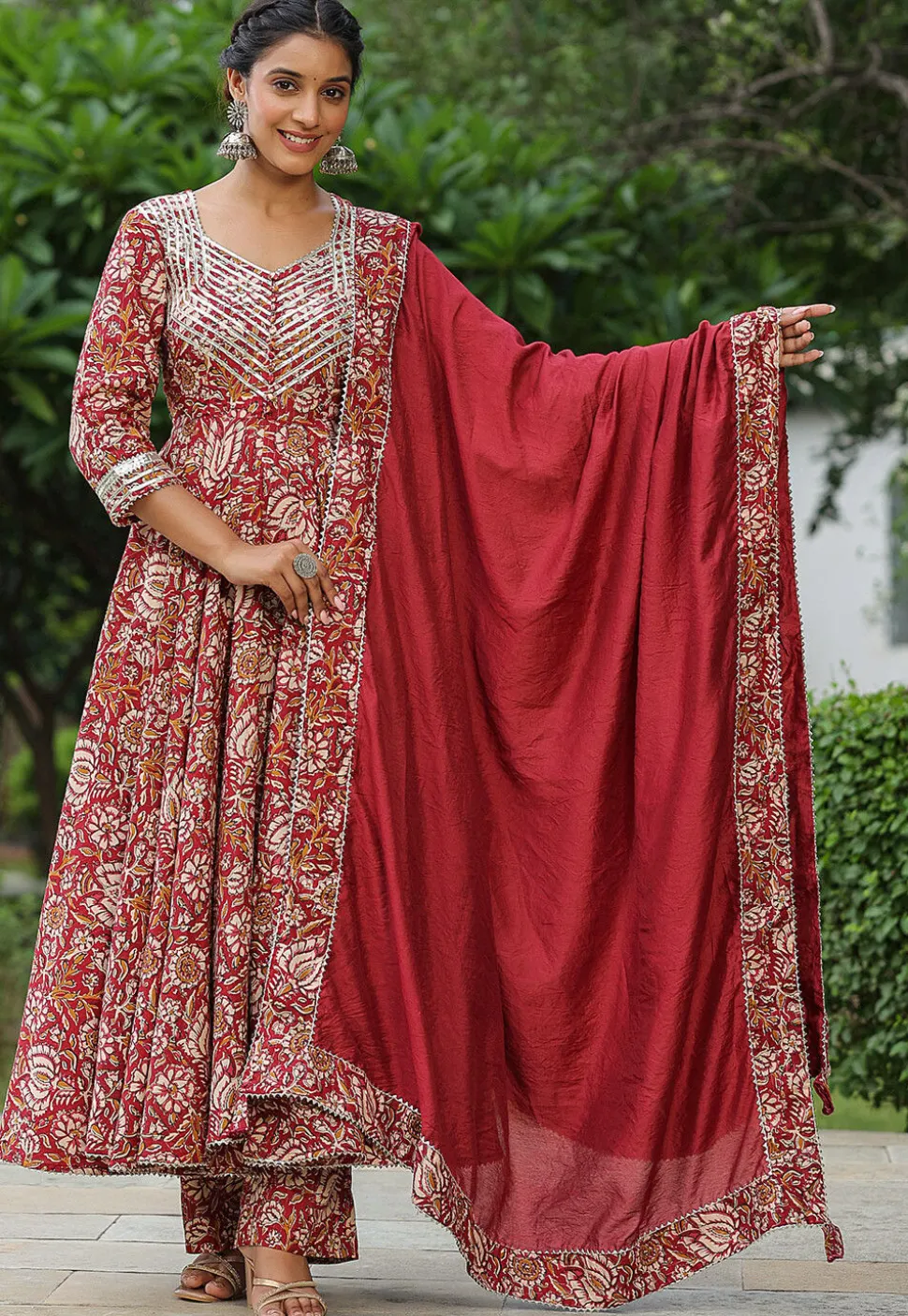 Printed Pure Cotton Lurex Aline Suit in Red
