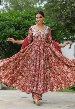 Printed Pure Cotton Lurex Aline Suit in Red