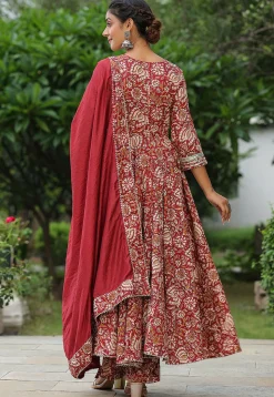 Printed Pure Cotton Lurex Aline Suit in Red