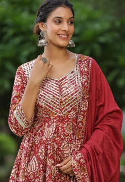 Printed Pure Cotton Lurex Aline Suit in Red