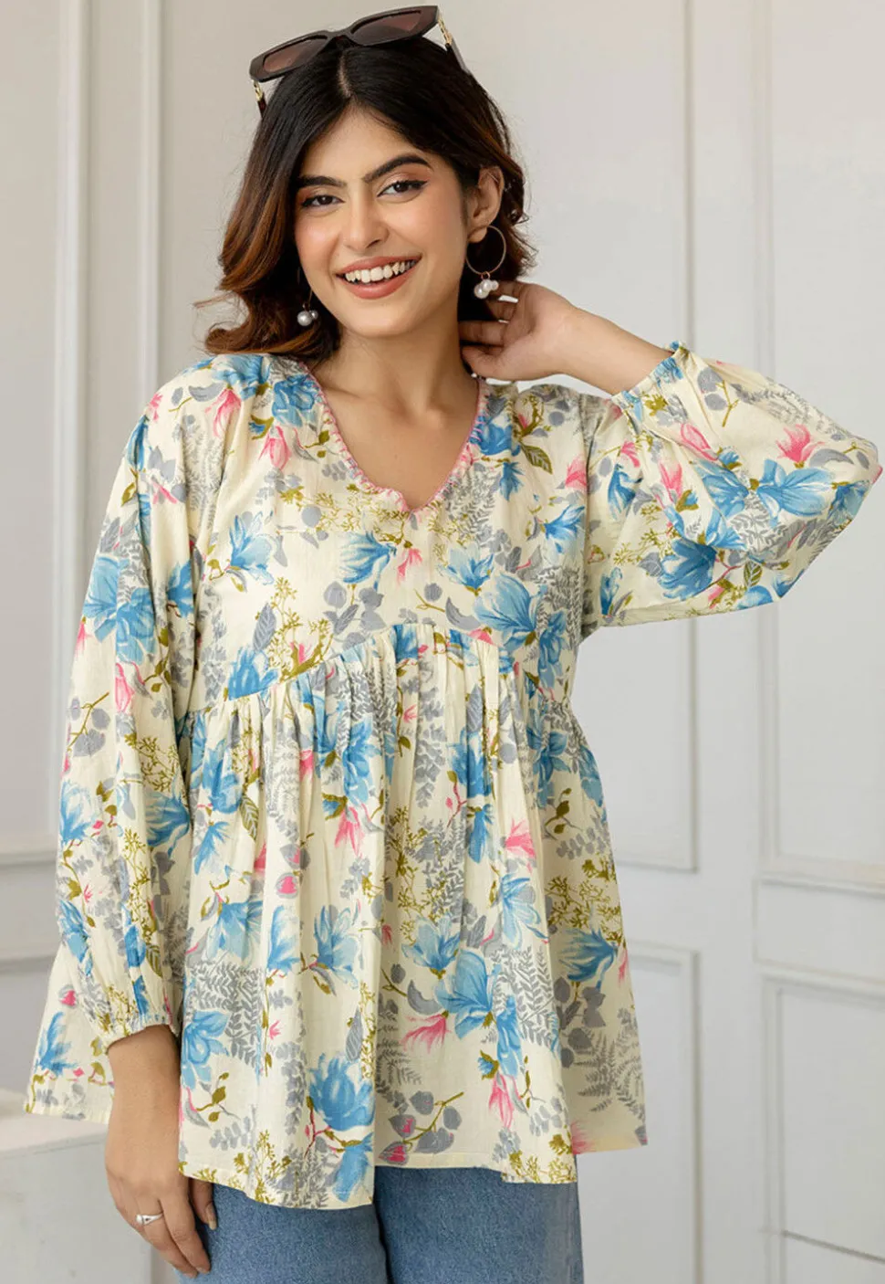 Printed Pure Cotton Lurex Kurti in Light Beige
