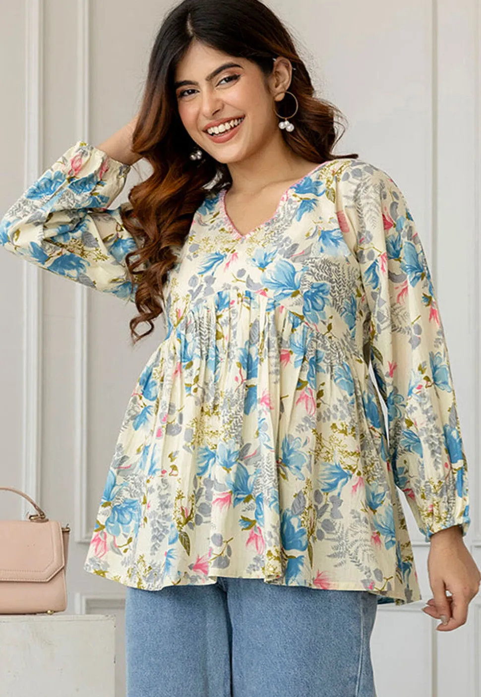 Printed Pure Cotton Lurex Kurti in Light Beige