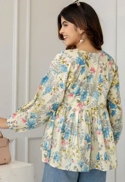 Printed Pure Cotton Lurex Kurti in Light Beige