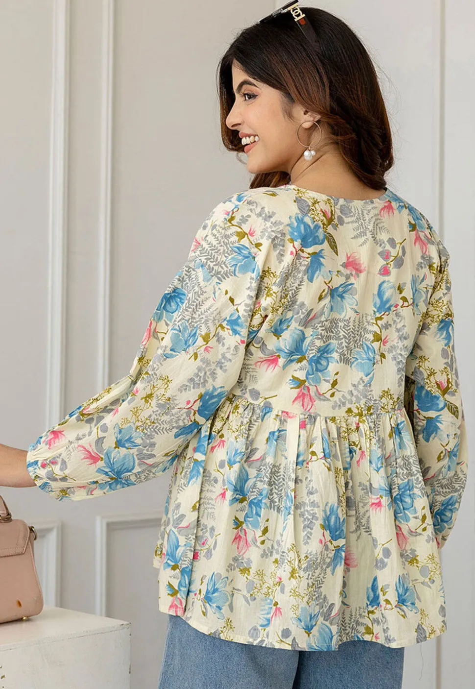 Printed Pure Cotton Lurex Kurti in Light Beige