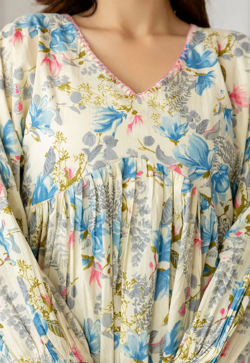 Printed Pure Cotton Lurex Kurti in Light Beige