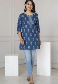 Printed Pure Cotton Lurex Straight Kurti in Navy Blue