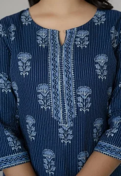 Printed Pure Cotton Lurex Straight Kurti in Navy Blue