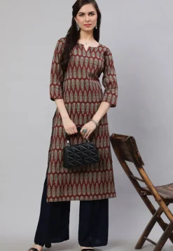 Printed Pure Cotton Lurex Straight Kurta in Dark Brown